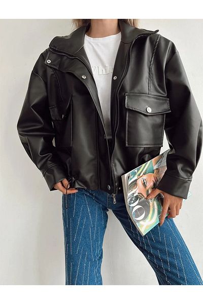 MEECY Lederjacke mit Kordelzug an den Seiten