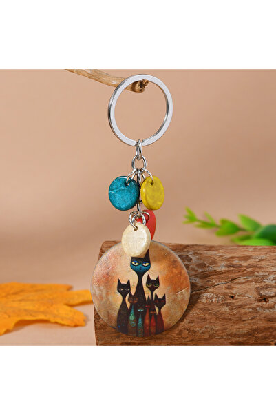 Street Bag سلسلة مفاتيح مصنوعة من قشرة جوز الهند الطبيعية بنمط مخطط عائلة القطط الأصلية