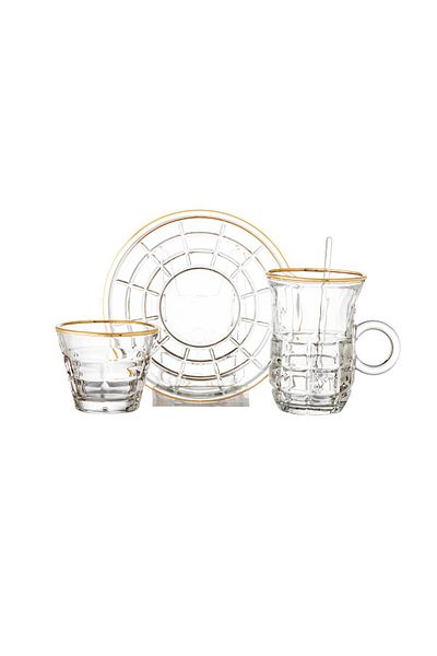 Dania 48 Pieces Gold Stoned Glass Tea and Coffee Set for 12 Persons