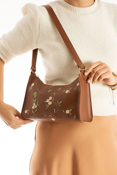 Qulaccia Women's Tan Color Embroidered Elegant Stylish Soft a Quality Shoulder Bag
