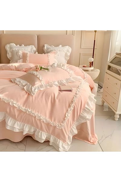 METİNEV Pink Cotton Satin Bedding Set with Ruffles