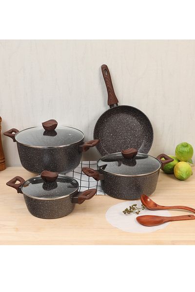 BAROLY Granite Cooking Pot Set 7 Pieces Glass Cover Brown