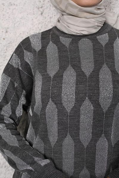 Bold Grup Women's Gray Standard Size Silvery Patterned Hijab Knitwear Suit Tunic Pants Suit