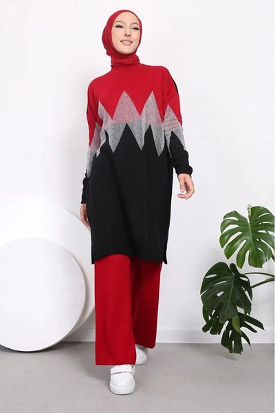 Bold Grup Red Glitter Zigzag Knitwear Set - Hijab Pants Tunic, Standard Size
