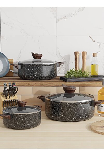 BAROLY طقم أواني طهي جرانيت مكون من 6 قطع باللون الأسود مقاس 18-20-22 سم