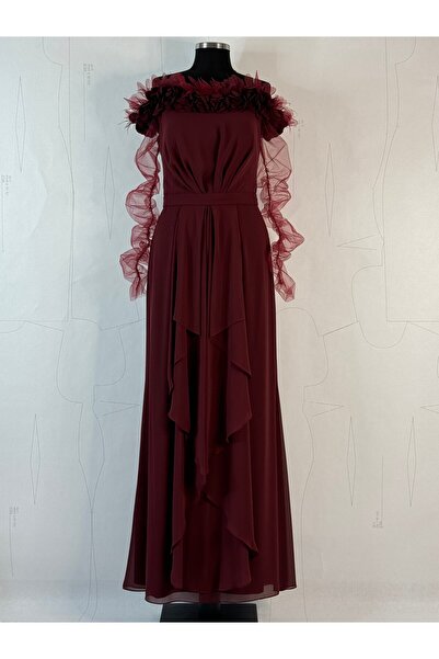 4 YOU TEKSTİL VE AKSESUAR Bordo Sifon Abiye Elbise