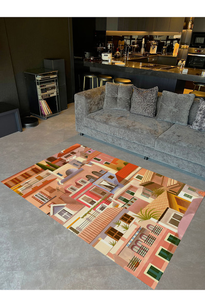 Rugs Modern Halı Kubilay Koleksiyonu Çok Renkli Karma Evler Desenli Dokuma Ta...