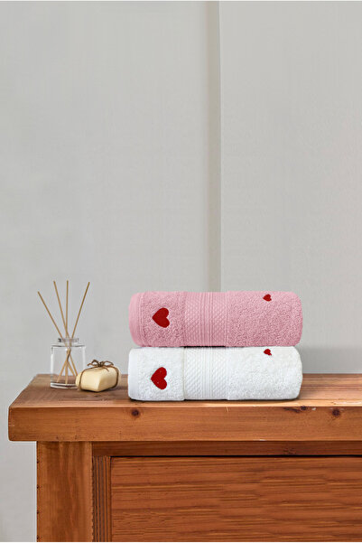 Ellaline Luv Set of 2 Towels - 100% Cotton, Certified, Heart Embroidery Embroidered, Hand Face Kitchen Towel, 50X80Cm