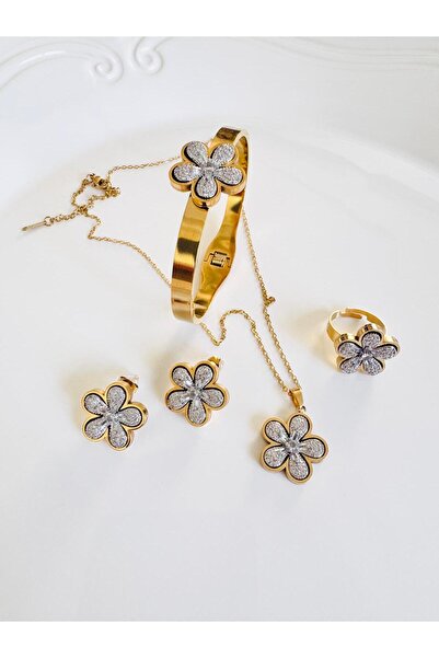 DEVİ fashion Çiçek  Kolye Küpe Bilezik Yüzük Çelik Set