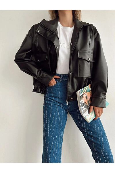 MEECY Lederjacke mit Kordelzug an den Seiten