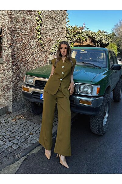 AÈC PRIVÈ Σετ χρυσό γυναικείο γιλέκο και παντελόνι - Κουμπί, Μοντέλο 777