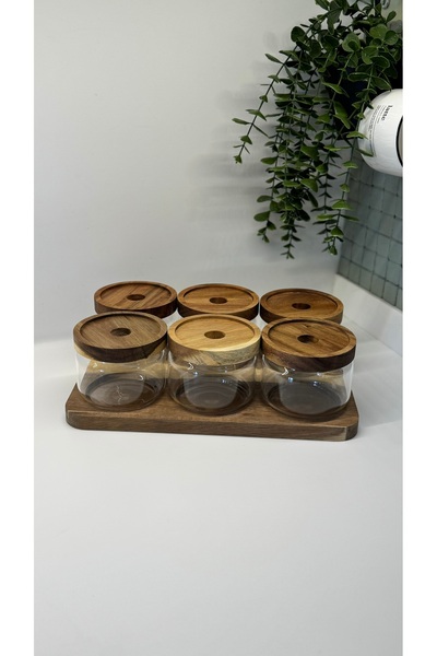 BUCOLIC Glass Breakfast Set of 6 with Acacia Stand and Lid