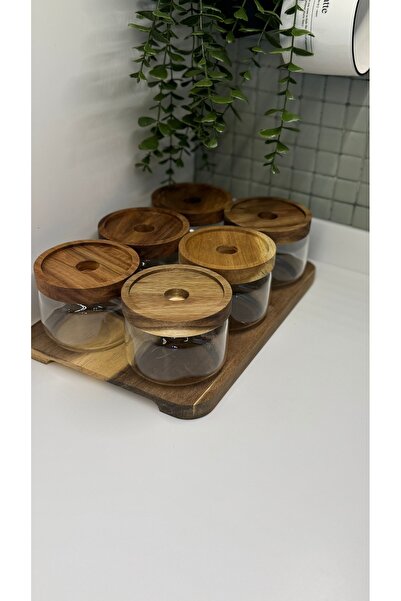 BUCOLIC Glass Breakfast Set of 6 with Acacia Stand and Lid