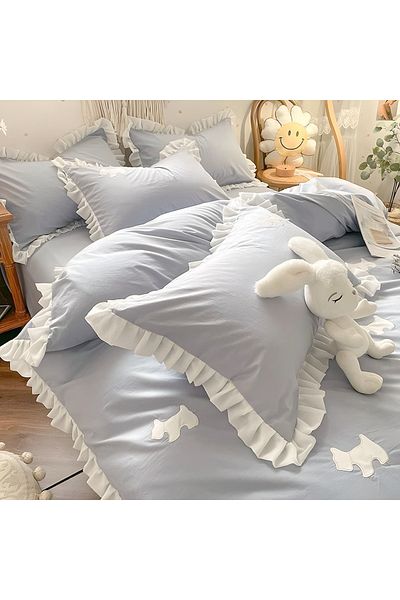METİNEV Cotton Satin Baby Blue and White Ruffle Bedding Set