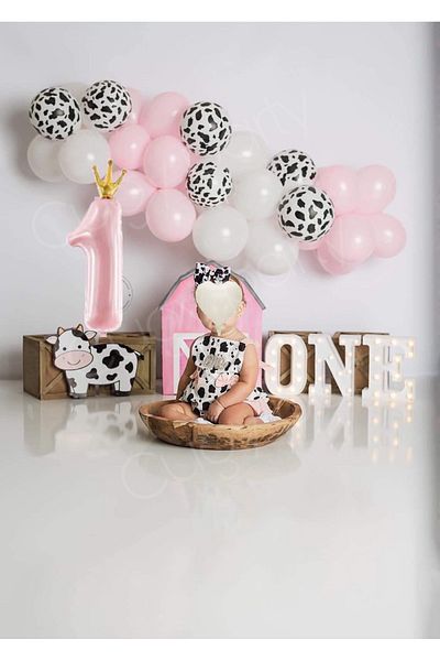 CUGY Cow Themed Spotted Balloon 1 Year Old Mini Birthday Set in Pink White Black Colors
