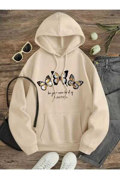 KOZİA OUTDOORS beautıful 3 kelebek baskılı kapüşonlu sweatşhirt