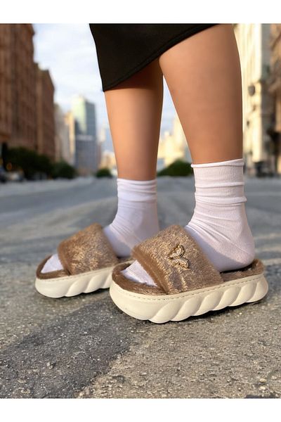 ZvM Women's Brown Plush Home Dowry Slippers with Butterfly Badge