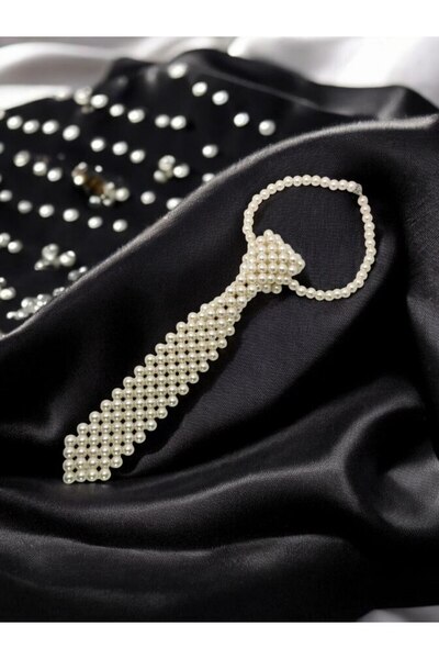 Handmade Beyaz Inci Tasarımlı Kravat Kolye – Kadınlar Için Zarif Ve Modern Ak...