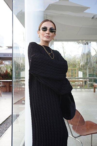Jose Clothing Women's Black Hair Knit Print Long Length Knitwear Dress