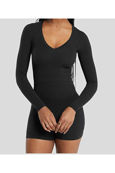 Meralles Günlük Siyah Spor Dikişssiz Uzun Kollu Kısa Üst V Yaka Pamuklu Crop ...