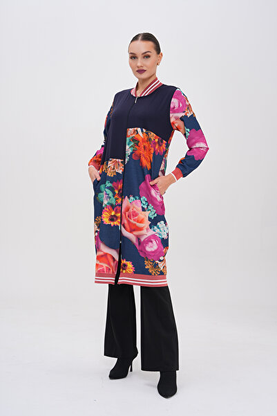 GigiTex Синя куртка зі спортивним кроєм та квітковим принтом - з двома кишенями, на блискавці, розмір 36-42, довжина 110 см