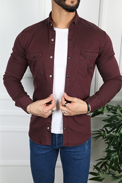 çerme Мъжка бордова червена дънкова риза Ç12