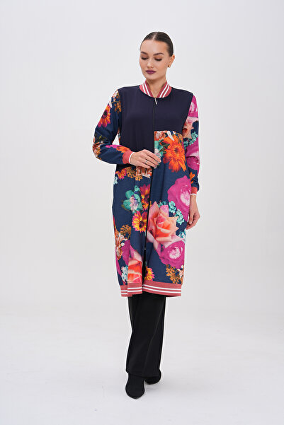 GigiTex Синя куртка зі спортивним кроєм та квітковим принтом - з двома кишенями, на блискавці, розмір 36-42, довжина 110 см