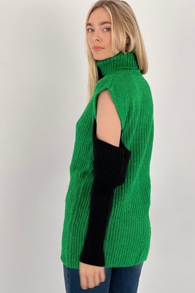 Miss Poem Pulover de damă, cu gât înalt, cu umăr deschis, lung, verde, tricotaj