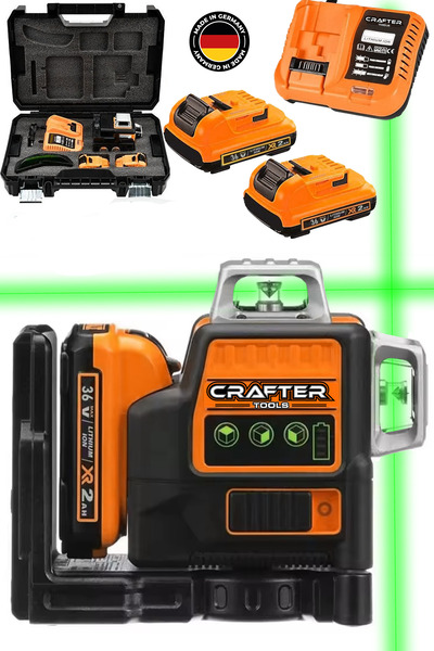 CRAFTERTOOLS Germany 360° 12 Köşe 45 Mt Ölçüm Çift Akülü Lazer Hizalama Yeşil...