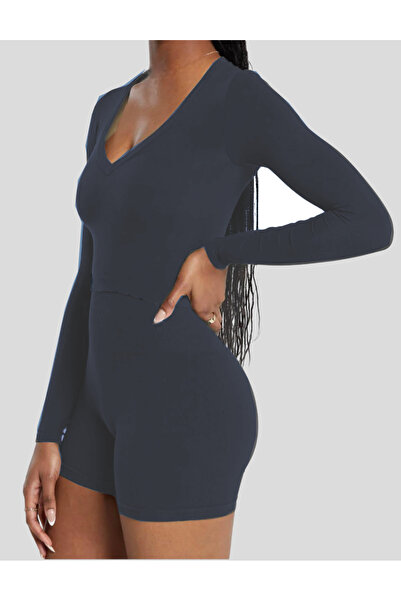 Meralles Günlük Lacivert Spor Dikişssiz Uzun Kollu Kısa Üst V Yaka Pamuklu Crop Tshirt