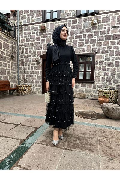 sümeyra Pearl Engraving Fold Fold Tulle Dress