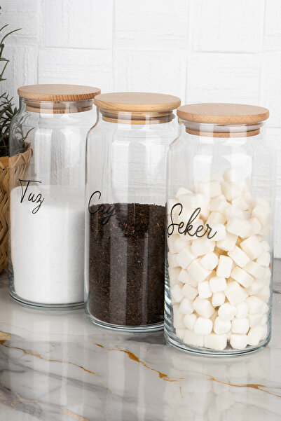 Home 3'lü Ahşap Kapaklı Vakumlu Çay&Şeker&Tuz Kavanozu 1300Ml Saklama Kabı