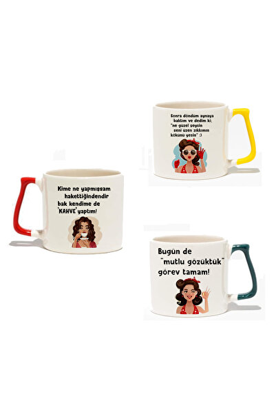 dik başlıyım Çünkü eğilince tacım düşüyor Kahve Mottolu  3 adet Mavi Kırmızı Sarı Kulp Renkli  Kupa Bardak