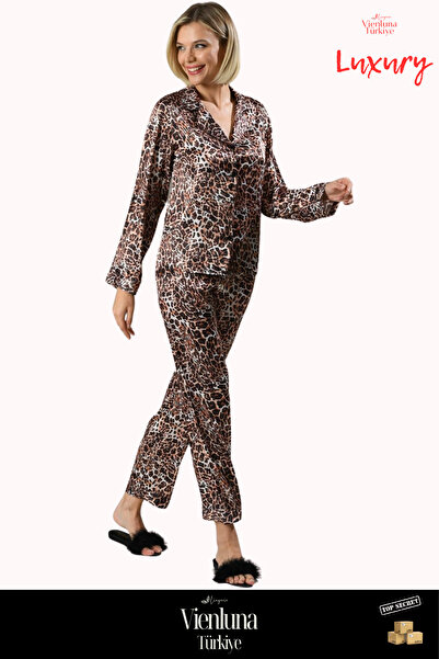vienluna Yeni Sezon Premium Lüks Kadın Çok Şık Modern Zarif Leopar Desen Yumuşak Dokulu Saten Gecelik Takımı