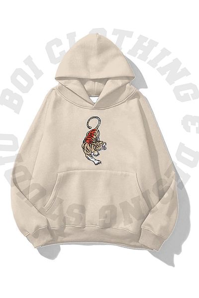 Boi Unisex Tiger Printed Oversize Hoodie - Φούτερ με 3 κλωστές μαύρο, κόκκινο και ροζ