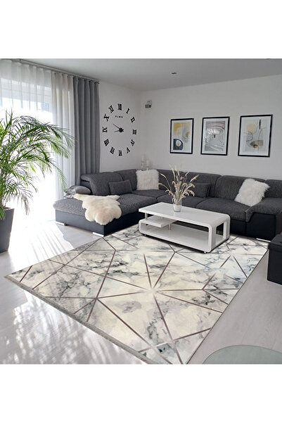 Ecosıa Dijital Kaymaz Yıkanabilir Krem Modern Salon Halısı Mutfak Halısı Yoll...