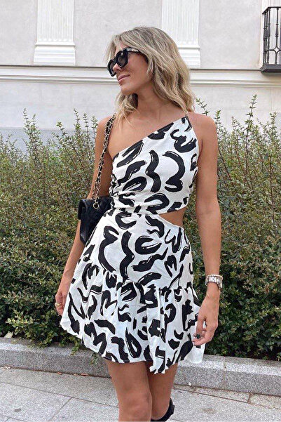 RURIS Women's White Abstract Brush Print Low-Cut Waist Single Shoulder Strap ...