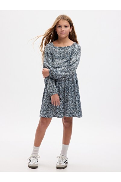 GAP Kız Çocuk Mavi Büzgülü Desenli Mini Elbise