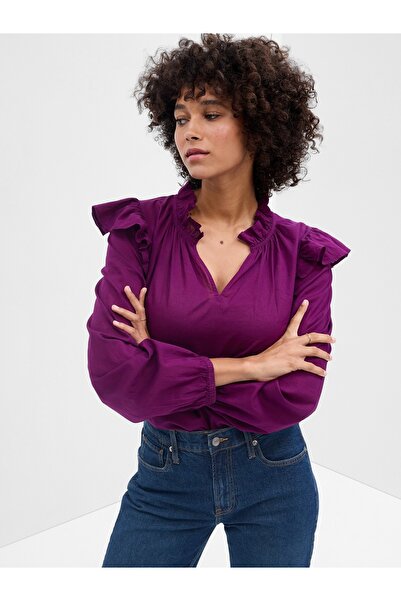 GAP Kadın Mor V Yaka Fırfırlı Bluz