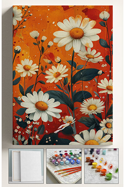 Akihabara Sayılarla Boyama Çerçeveli Hobi Seti Numaralı Tuval Fırça Boya PAPATYALAR Dahil Kasnaklı 40X50 Cm
