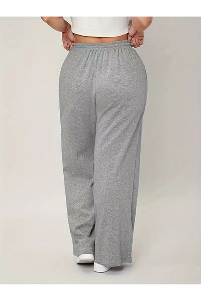CAONNES Gray Plus Size Casual Pants, Women's Plus Pocket Solid High Stretch Straight Leg Pants