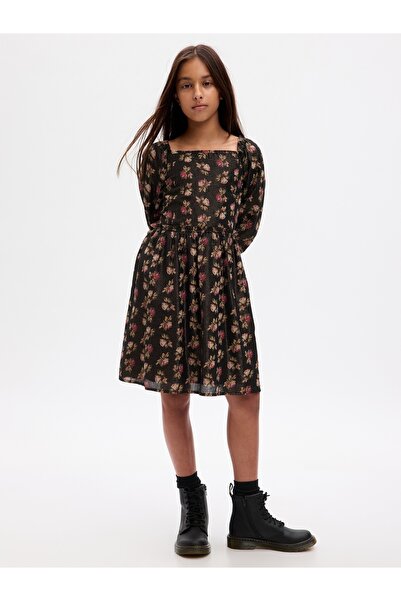 GAP Kız Çocuk Siyah Büzgülü Desenli Mini Elbise