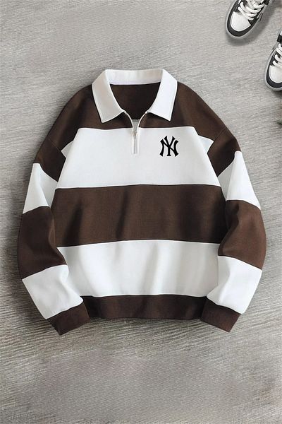 NewCabin New Season Unisex ριγέ γιακά πόλο με μισό φερμουάρ - Σετ παντελόνι 3 κλωστών
