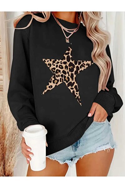 LAND MODA Γυναικείο φούτερ με λαιμόκοψη Leopard Star με σχέδιο Oversize