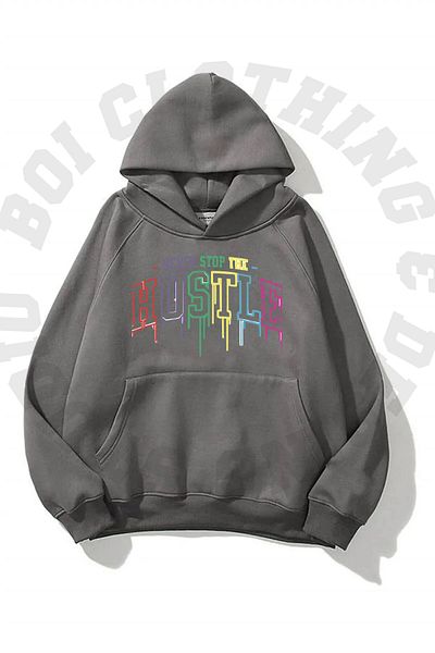 Boi Unisex Hustle Rainbow Printed Oversize Hoodie φούτερ - Φούτερ με τσέπη, 3 κλωστές με κουκούλα