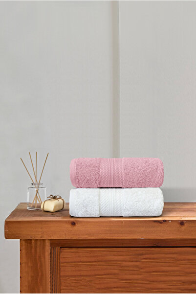 Ellaline Towel Set of 2 100% Cotton Certified, Hand / Face / Kitchen Towel Set Pink - White - 50X80Cm