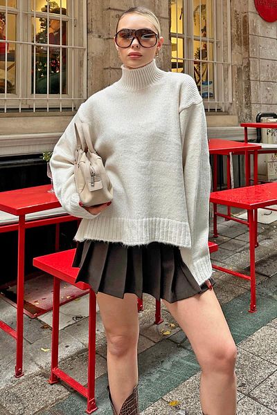 Swist Beige Side Slit Basic Half Fisherman Raglan Sleeve Women's Knitwear Sweater