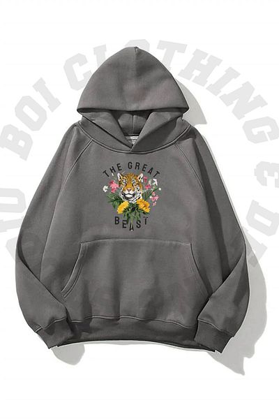 Boi Unisex Tiger Printed Oversize Hoodie με τσέπη - 3 κλωστών με κουκούλα