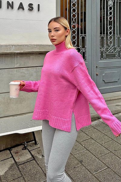 Swist Pink Side Slit Basic Half Fisherman Raglan Sleeve Women's Knitwear Sweater