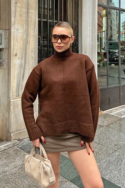 Swist Brown Side Slit Basic Half Fisherman Raglan Sleeve Women's Knitwear Sweater